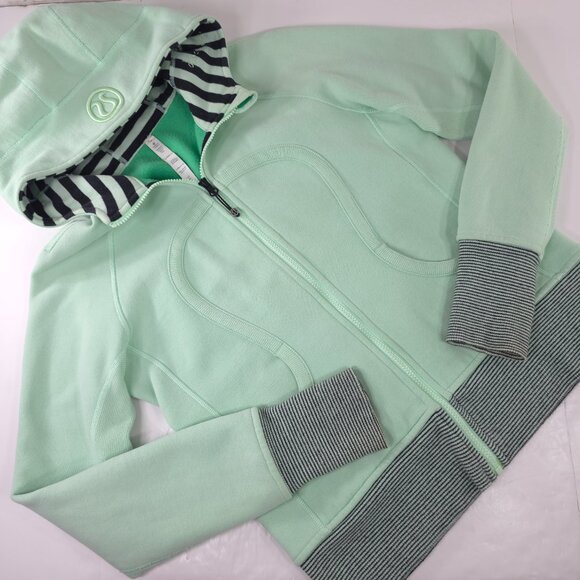 LULULEMON SCUBA HOODIE JACKET WOMEN'S SIZE 10 MINT GREEN NAVY BLUE LINED HOOD... - Picture 1 of 16